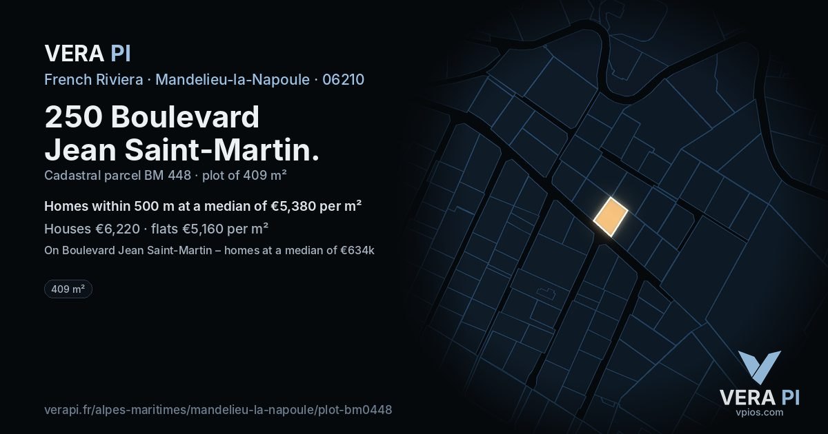 250 Boulevard Jean Saint-Martin, Mandelieu-la-Napoule at night – the plot lit, the parcels around coloured by the prices near them
