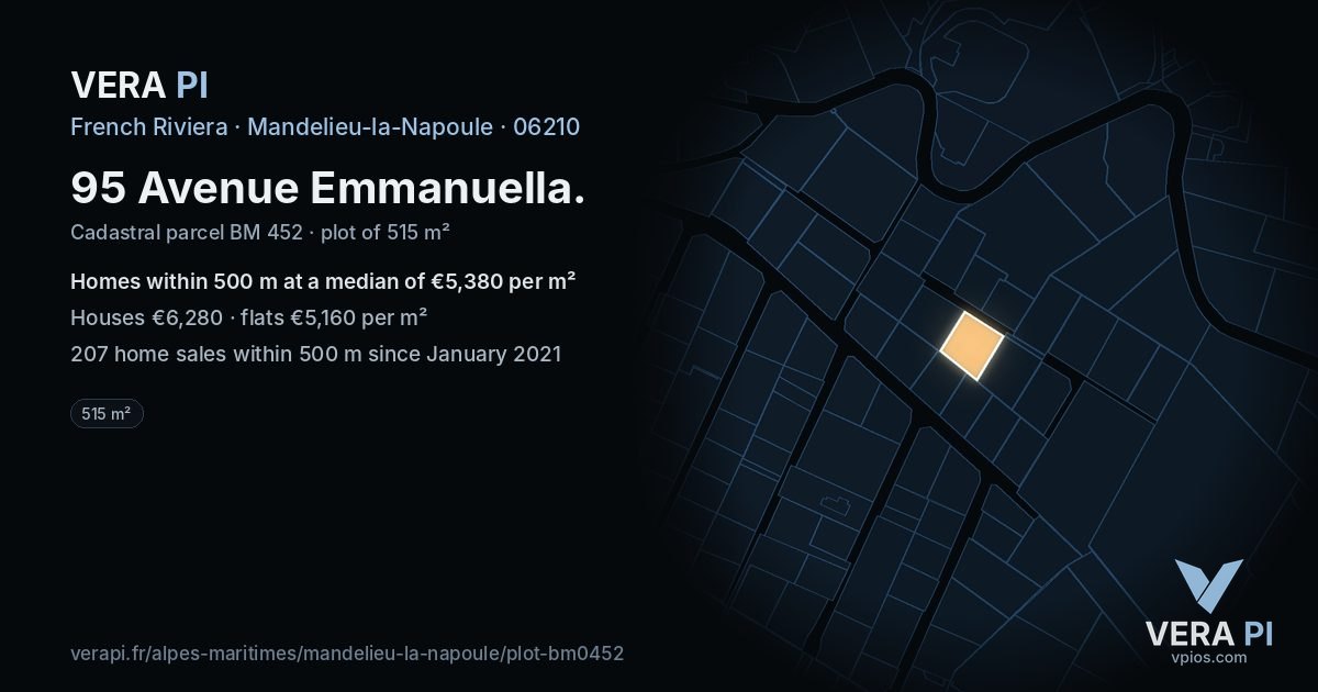 95 Avenue Emmanuella, Mandelieu-la-Napoule at night – the plot lit, the parcels around coloured by the prices near them