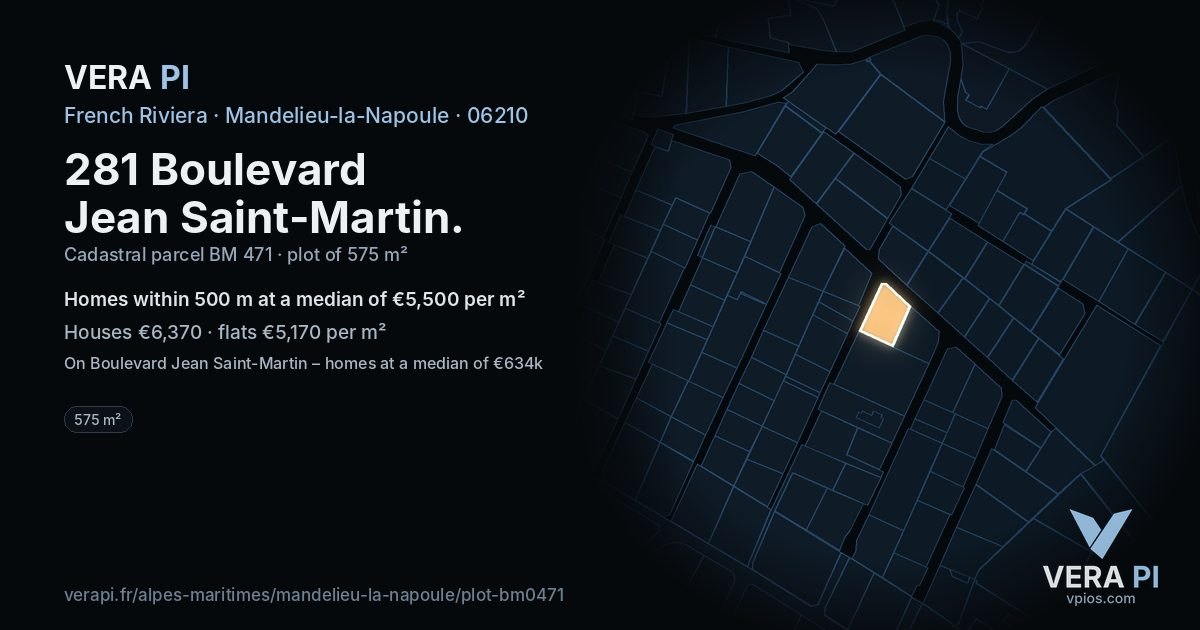 281 Boulevard Jean Saint-Martin, Mandelieu-la-Napoule at night – the plot lit, the parcels around coloured by the prices near them