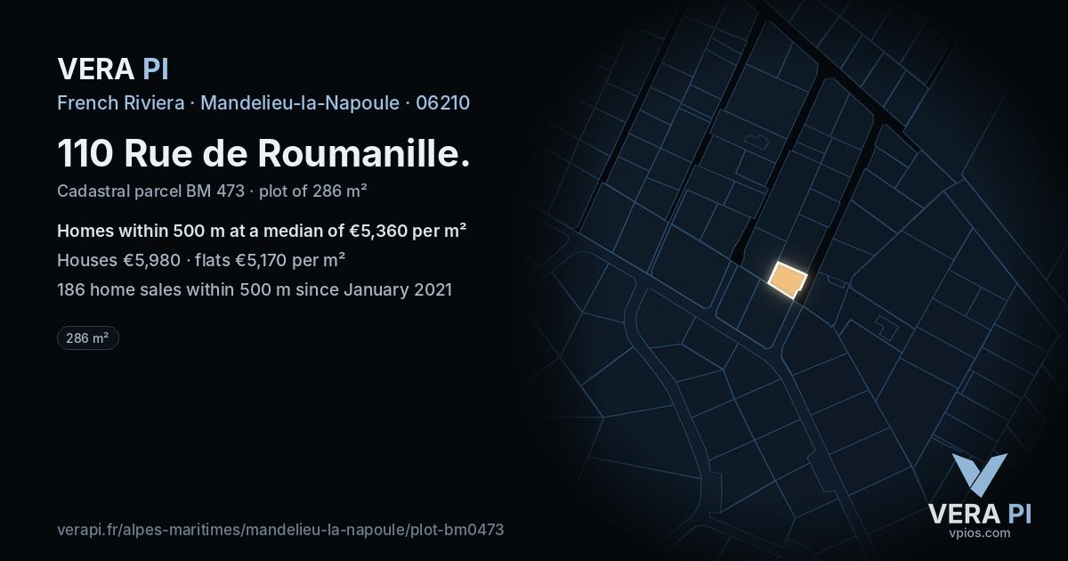 110 Rue de Roumanille, Mandelieu-la-Napoule at night – the plot lit, the parcels around coloured by the prices near them