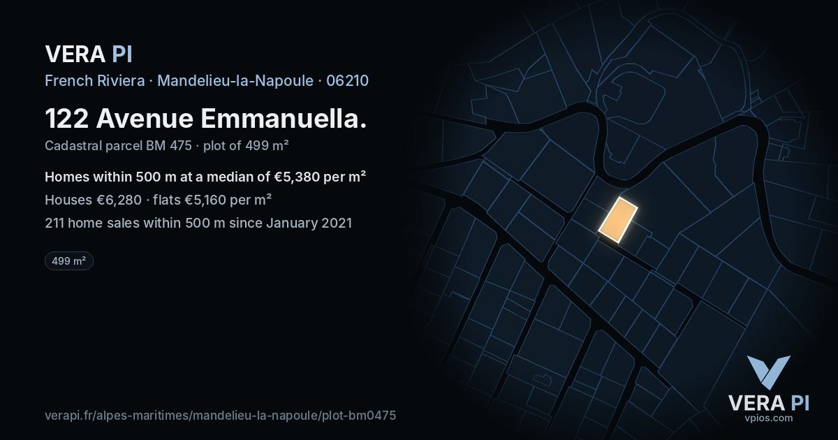122 Avenue Emmanuella, Mandelieu-la-Napoule at night – the plot lit, the parcels around coloured by the prices near them