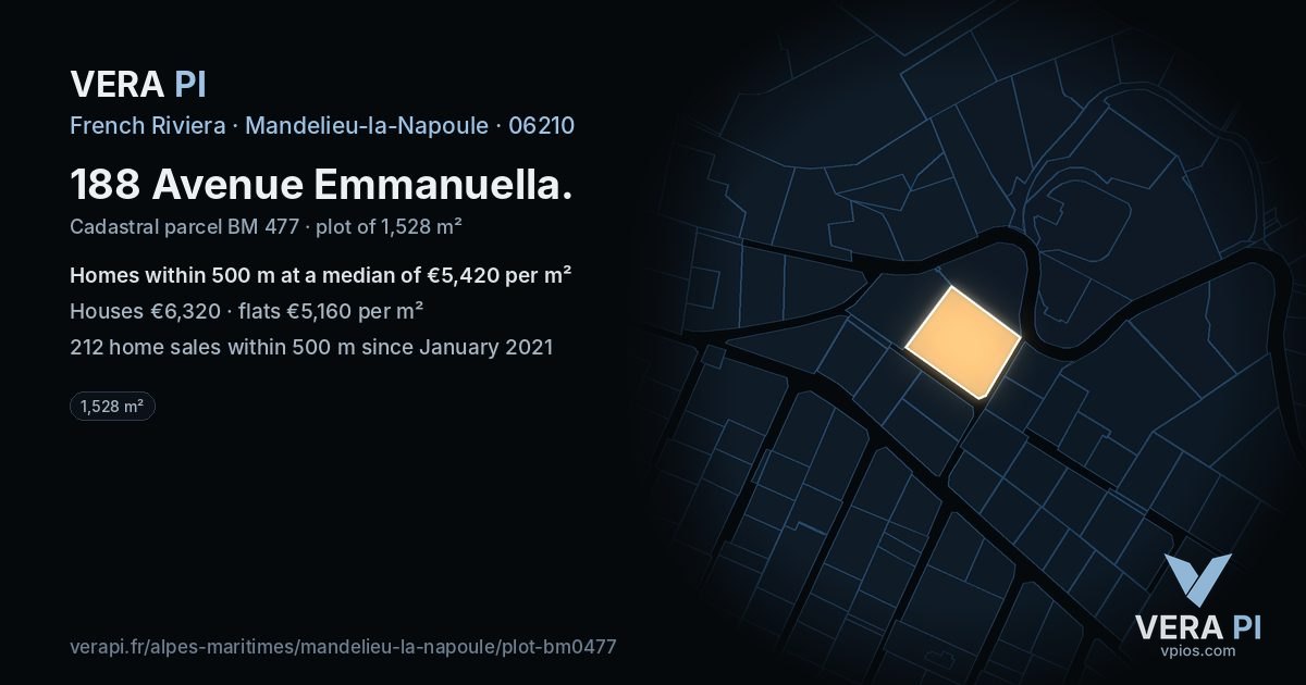 188 Avenue Emmanuella, Mandelieu-la-Napoule at night – the plot lit, the parcels around coloured by the prices near them