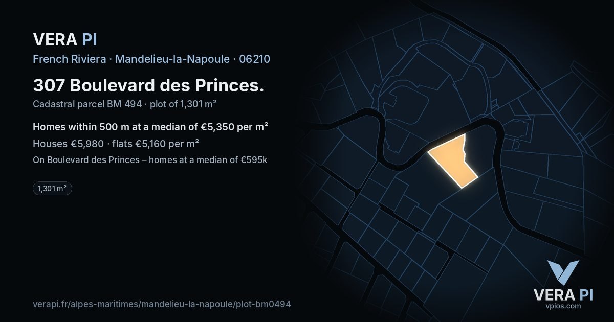 307 Boulevard des Princes, Mandelieu-la-Napoule at night – the plot lit, the parcels around coloured by the prices near them