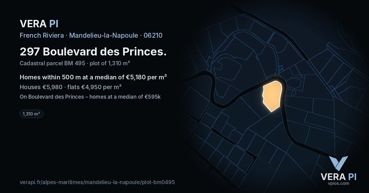 297 Boulevard des Princes, Mandelieu-la-Napoule at night – the plot lit, the parcels around coloured by the prices near them