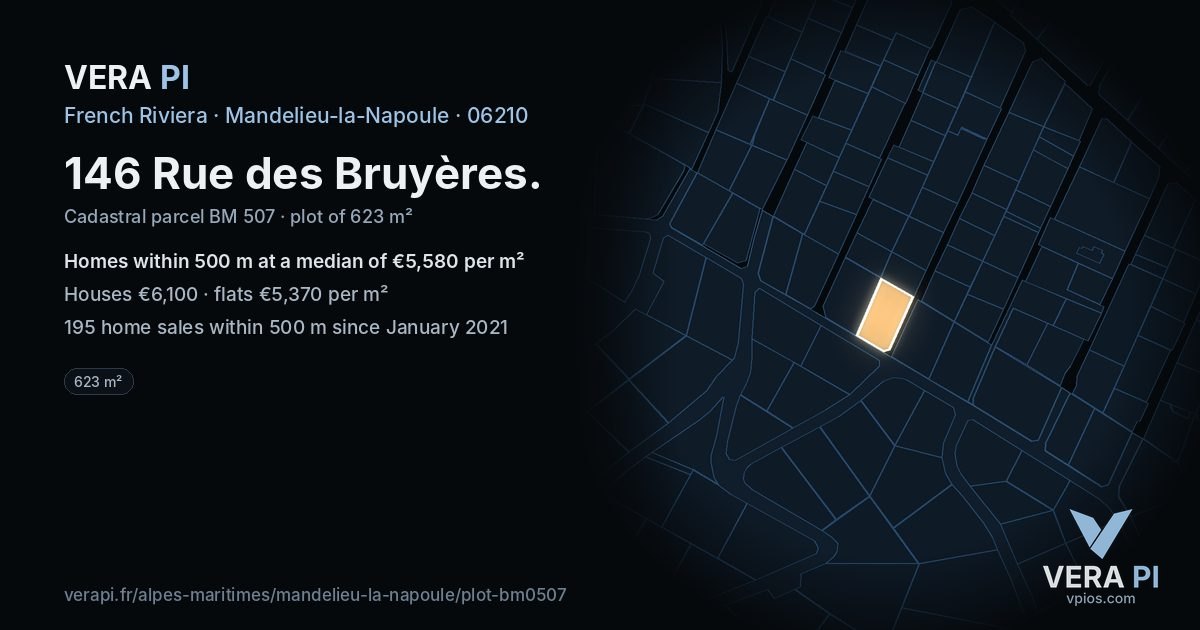 146 Rue des Bruyères, Mandelieu-la-Napoule at night – the plot lit, the parcels around coloured by the prices near them