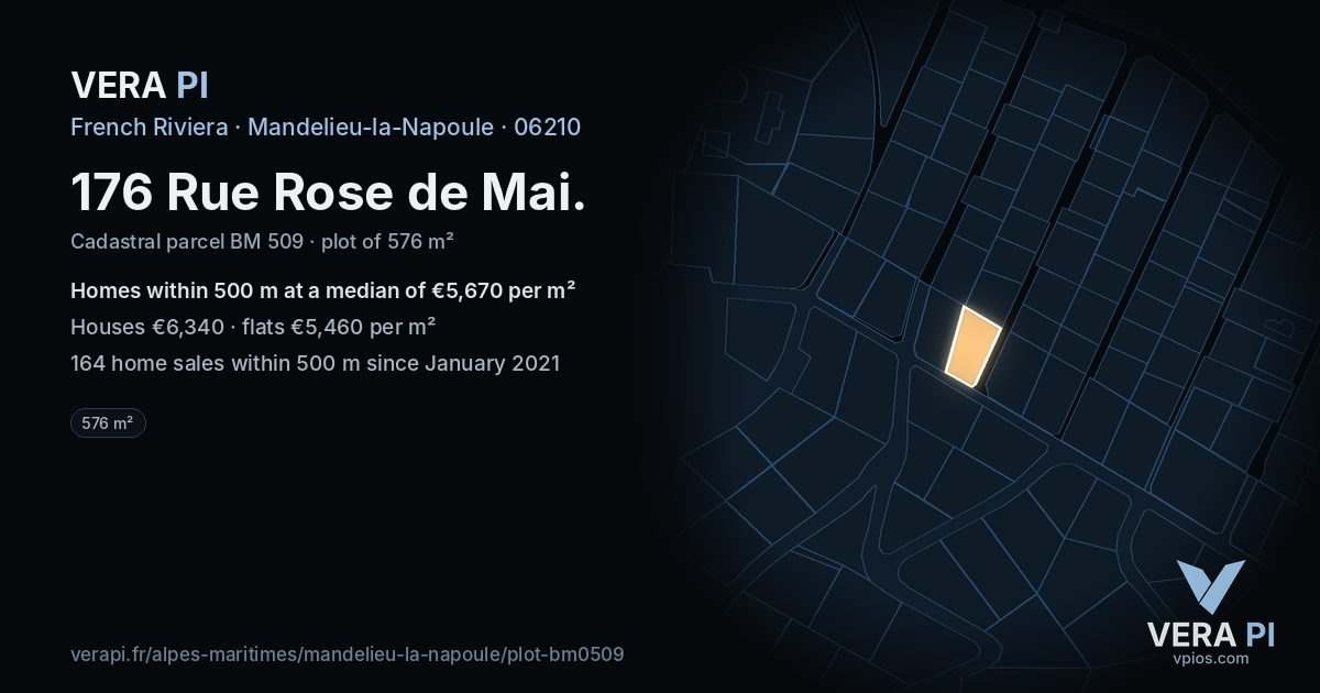 176 Rue Rose de Mai, Mandelieu-la-Napoule at night – the plot lit, the parcels around coloured by the prices near them