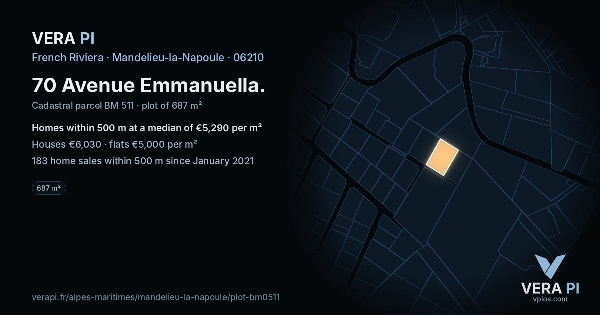 70 Avenue Emmanuella, Mandelieu-la-Napoule at night – the plot lit, the parcels around coloured by the prices near them