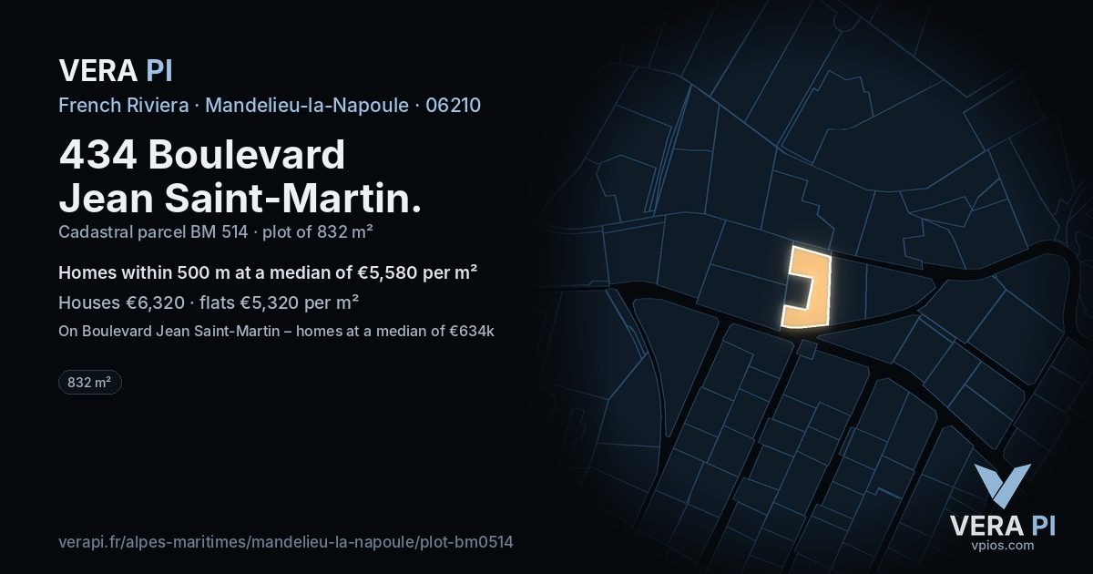 434 Boulevard Jean Saint-Martin, Mandelieu-la-Napoule at night – the plot lit, the parcels around coloured by the prices near them