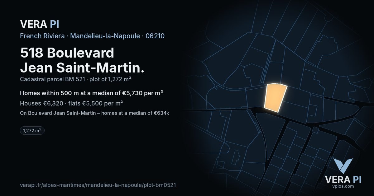 518 Boulevard Jean Saint-Martin, Mandelieu-la-Napoule at night – the plot lit, the parcels around coloured by the prices near them