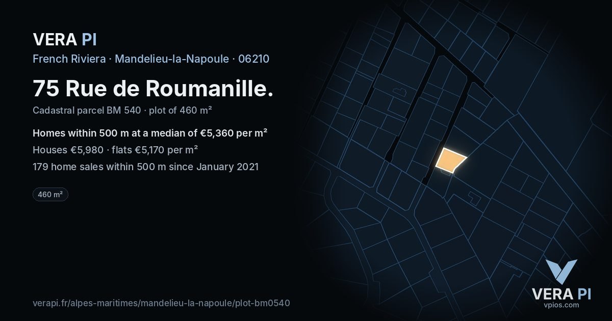 75 Rue de Roumanille, Mandelieu-la-Napoule at night – the plot lit, the parcels around coloured by the prices near them