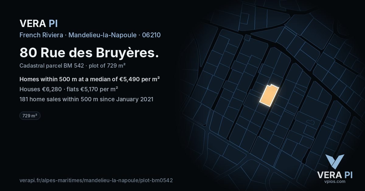 80 Rue des Bruyères, Mandelieu-la-Napoule at night – the plot lit, the parcels around coloured by the prices near them