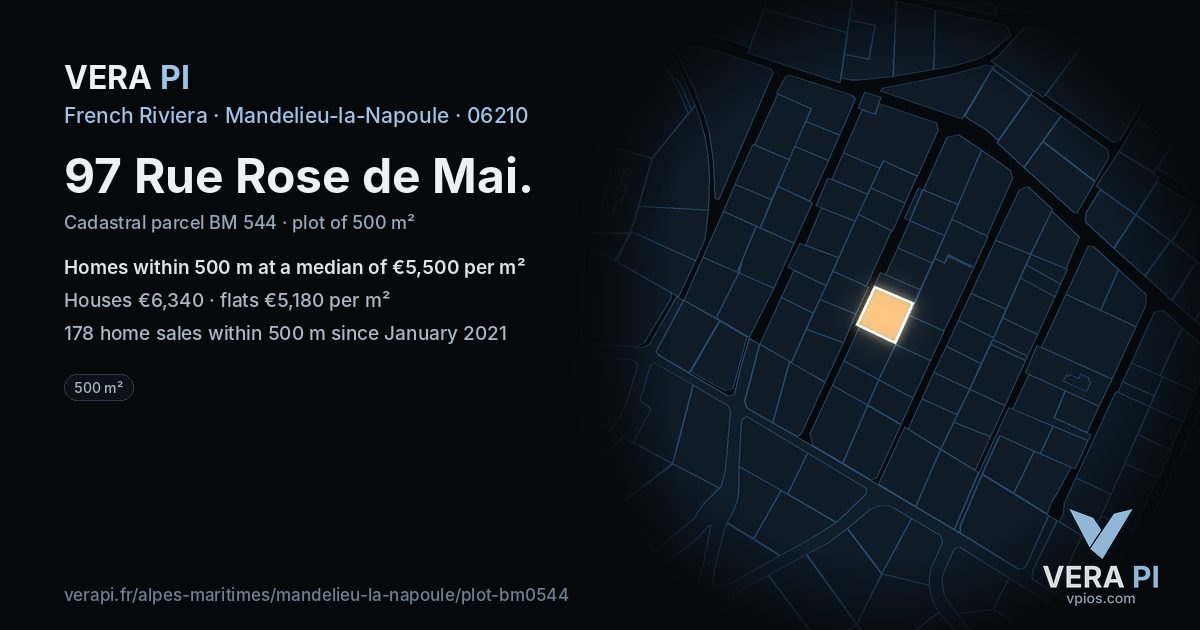 97 Rue Rose de Mai, Mandelieu-la-Napoule at night – the plot lit, the parcels around coloured by the prices near them