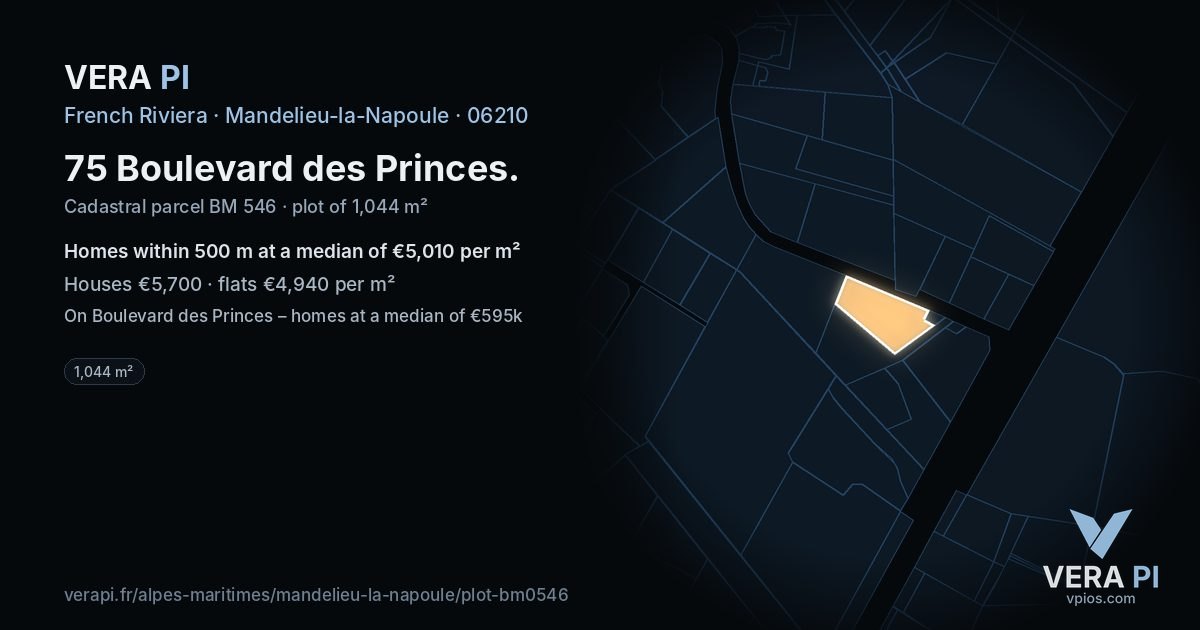 75 Boulevard des Princes, Mandelieu-la-Napoule at night – the plot lit, the parcels around coloured by the prices near them