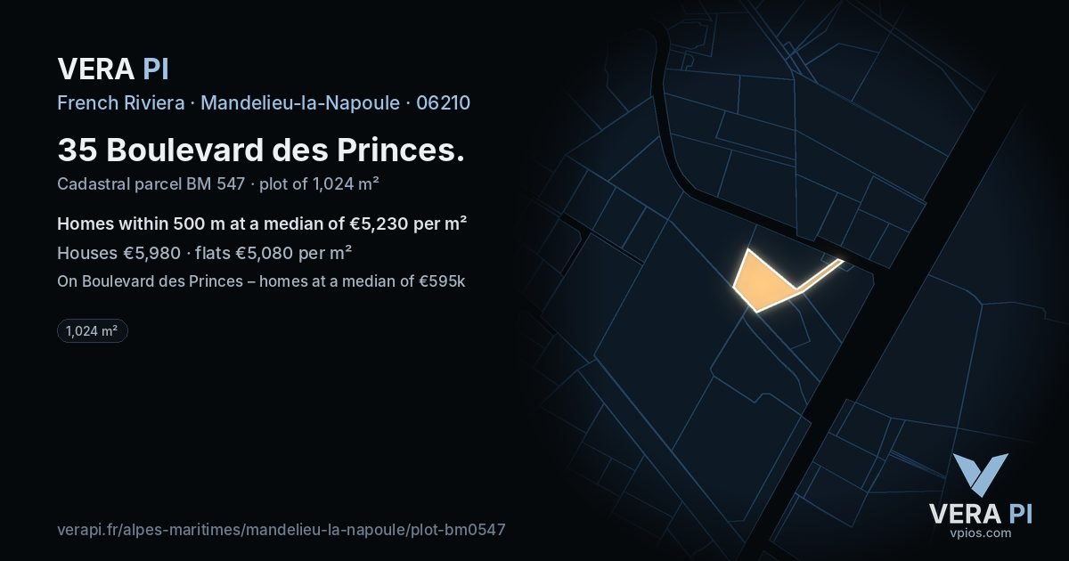 35 Boulevard des Princes, Mandelieu-la-Napoule at night – the plot lit, the parcels around coloured by the prices near them
