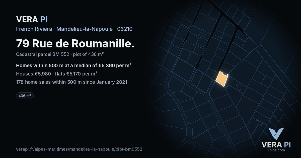 79 Rue de Roumanille, Mandelieu-la-Napoule at night – the plot lit, the parcels around coloured by the prices near them