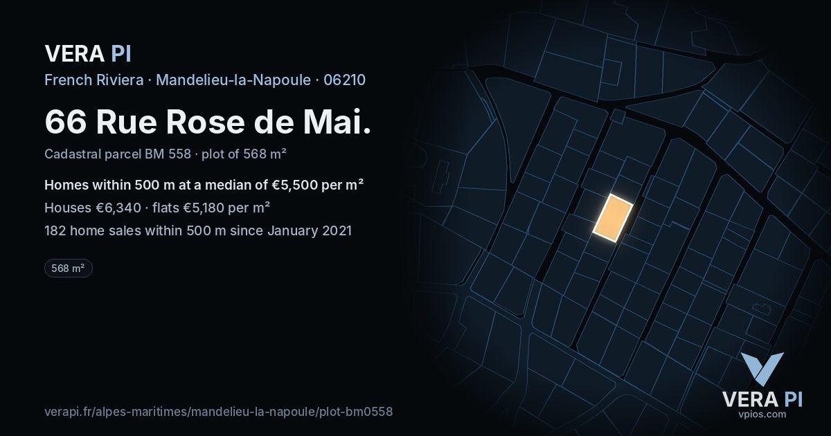 66 Rue Rose de Mai, Mandelieu-la-Napoule at night – the plot lit, the parcels around coloured by the prices near them