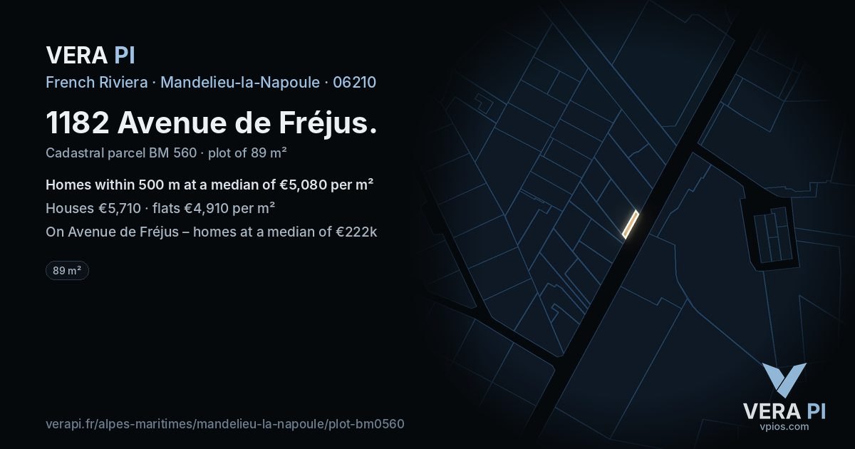 1182 Avenue de Fréjus, Mandelieu-la-Napoule at night – the plot lit, the parcels around coloured by the prices near them