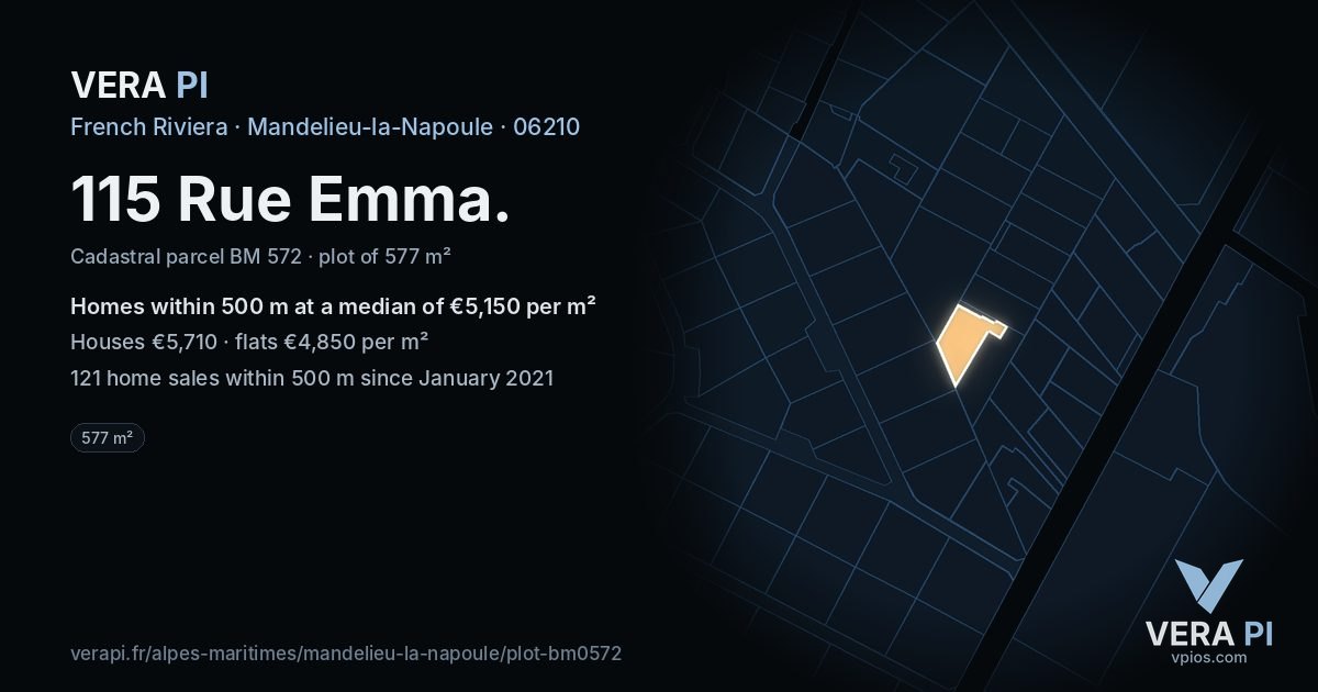 115 Rue Emma, Mandelieu-la-Napoule at night – the plot lit, the parcels around coloured by the prices near them