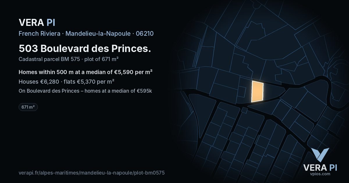 503 Boulevard des Princes, Mandelieu-la-Napoule at night – the plot lit, the parcels around coloured by the prices near them