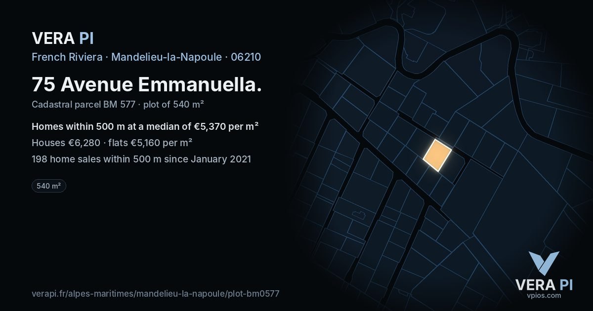 75 Avenue Emmanuella, Mandelieu-la-Napoule at night – the plot lit, the parcels around coloured by the prices near them
