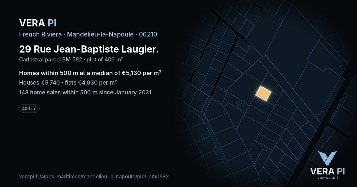 29 Rue Jean-Baptiste Laugier, Mandelieu-la-Napoule at night – the plot lit, the parcels around coloured by the prices near them