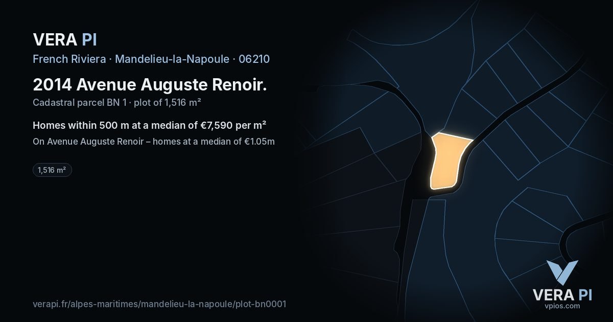 2014 Avenue Auguste Renoir, Mandelieu-la-Napoule at night – the plot lit, the parcels around coloured by the prices near them