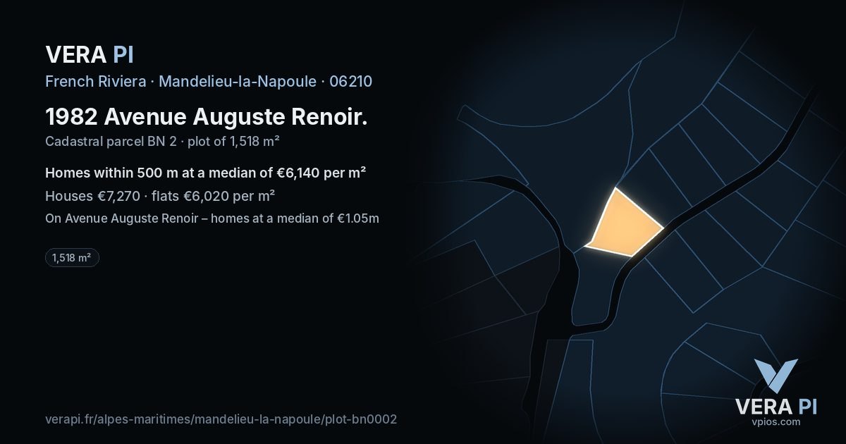 1982 Avenue Auguste Renoir, Mandelieu-la-Napoule at night – the plot lit, the parcels around coloured by the prices near them