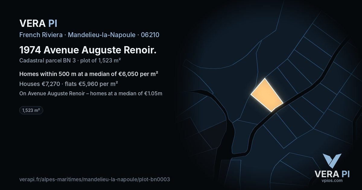 1974 Avenue Auguste Renoir, Mandelieu-la-Napoule at night – the plot lit, the parcels around coloured by the prices near them