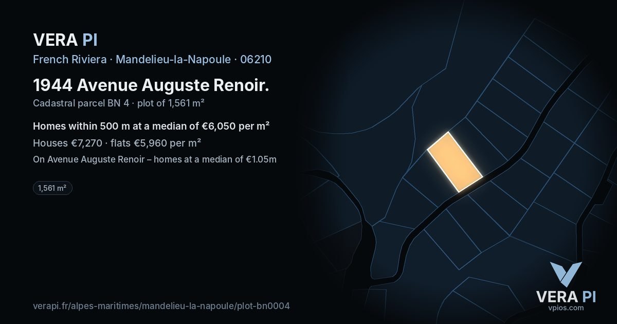1944 Avenue Auguste Renoir, Mandelieu-la-Napoule at night – the plot lit, the parcels around coloured by the prices near them