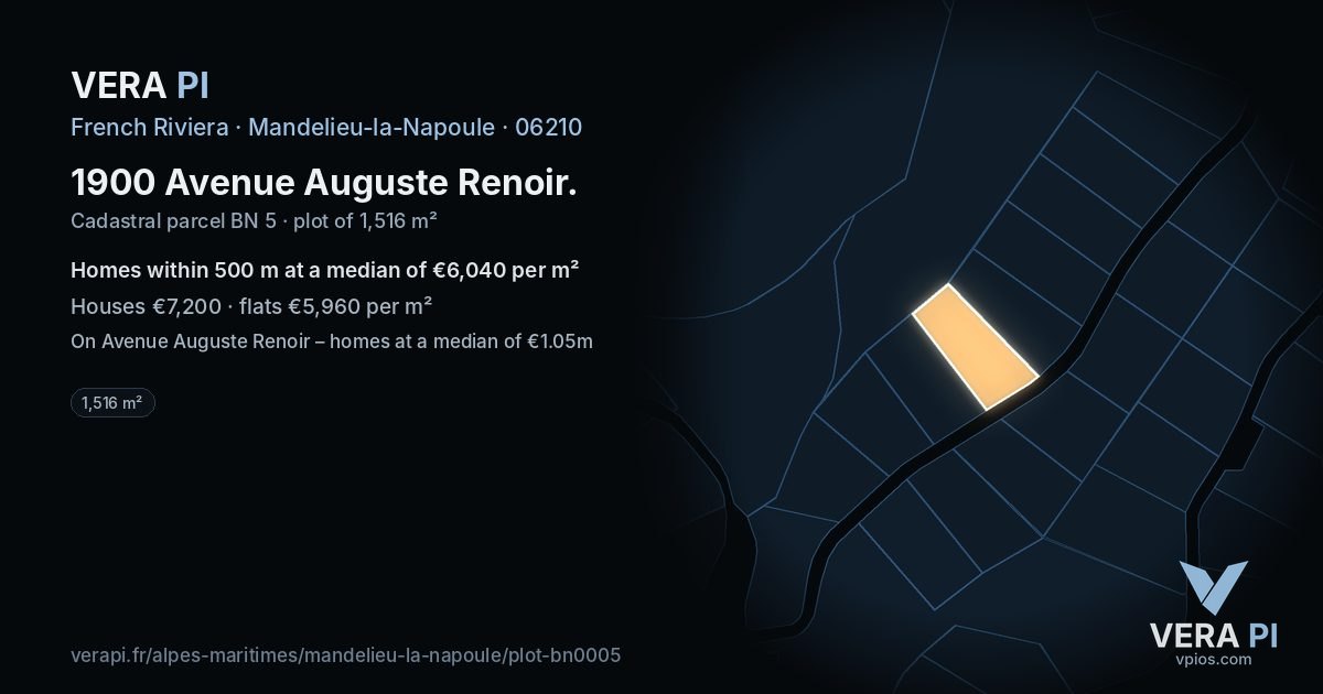 1900 Avenue Auguste Renoir, Mandelieu-la-Napoule at night – the plot lit, the parcels around coloured by the prices near them