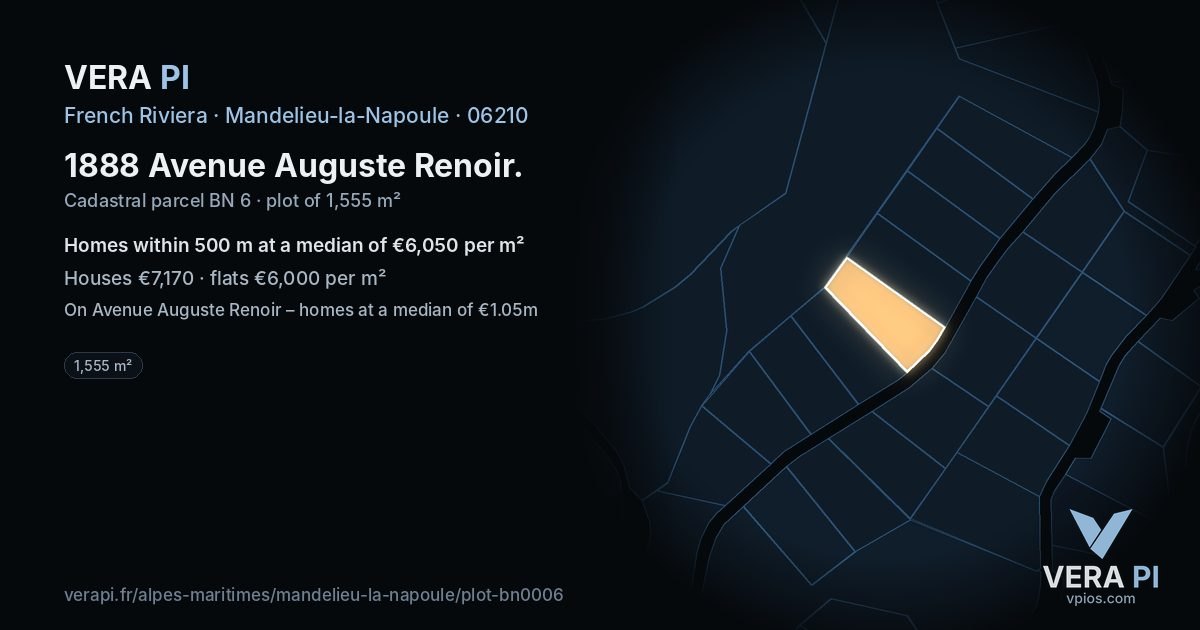 1888 Avenue Auguste Renoir, Mandelieu-la-Napoule at night – the plot lit, the parcels around coloured by the prices near them