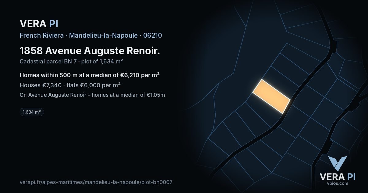 1858 Avenue Auguste Renoir, Mandelieu-la-Napoule at night – the plot lit, the parcels around coloured by the prices near them