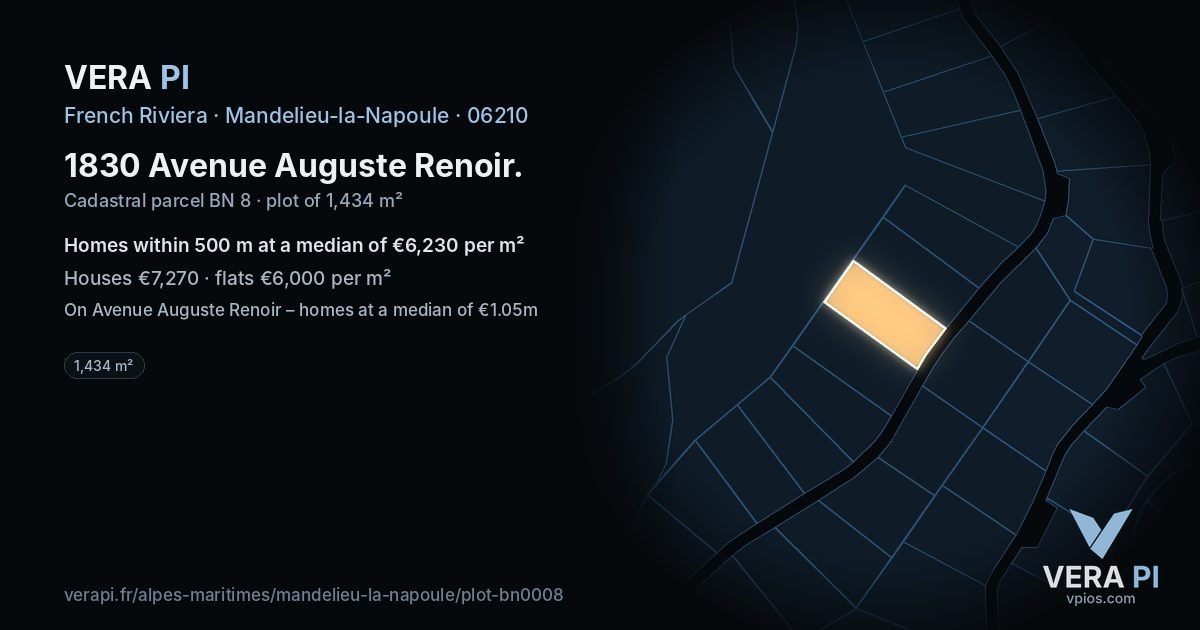 1830 Avenue Auguste Renoir, Mandelieu-la-Napoule at night – the plot lit, the parcels around coloured by the prices near them