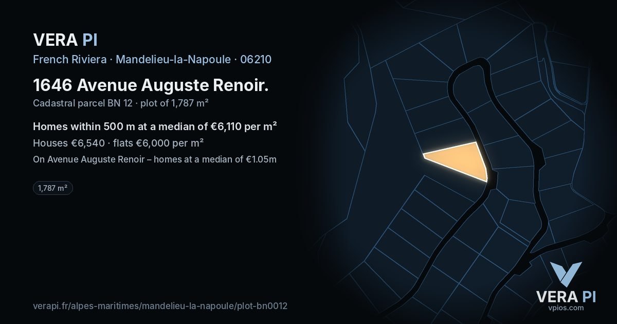 1646 Avenue Auguste Renoir, Mandelieu-la-Napoule at night – the plot lit, the parcels around coloured by the prices near them