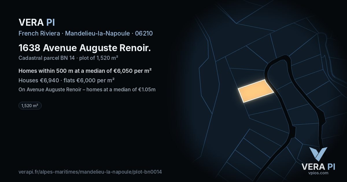 1638 Avenue Auguste Renoir, Mandelieu-la-Napoule at night – the plot lit, the parcels around coloured by the prices near them