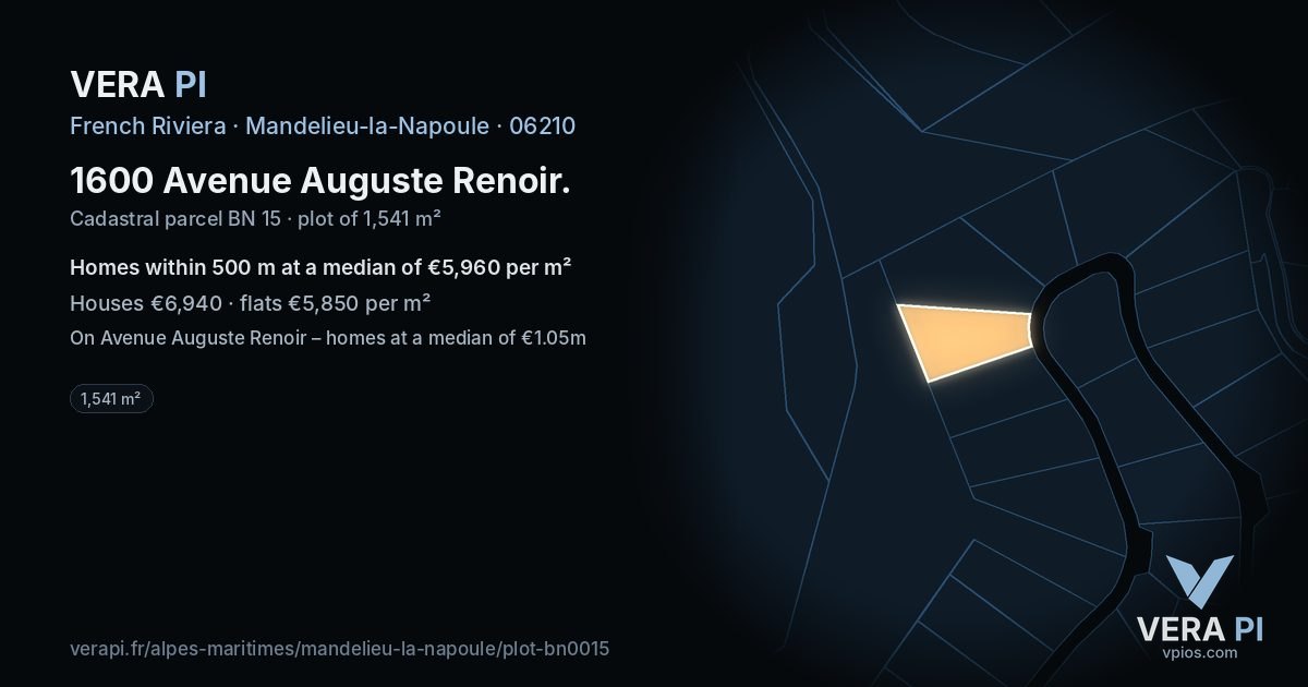 1600 Avenue Auguste Renoir, Mandelieu-la-Napoule at night – the plot lit, the parcels around coloured by the prices near them