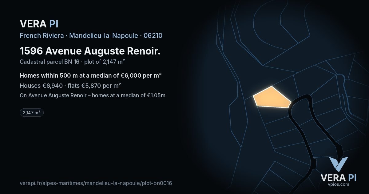 1596 Avenue Auguste Renoir, Mandelieu-la-Napoule at night – the plot lit, the parcels around coloured by the prices near them