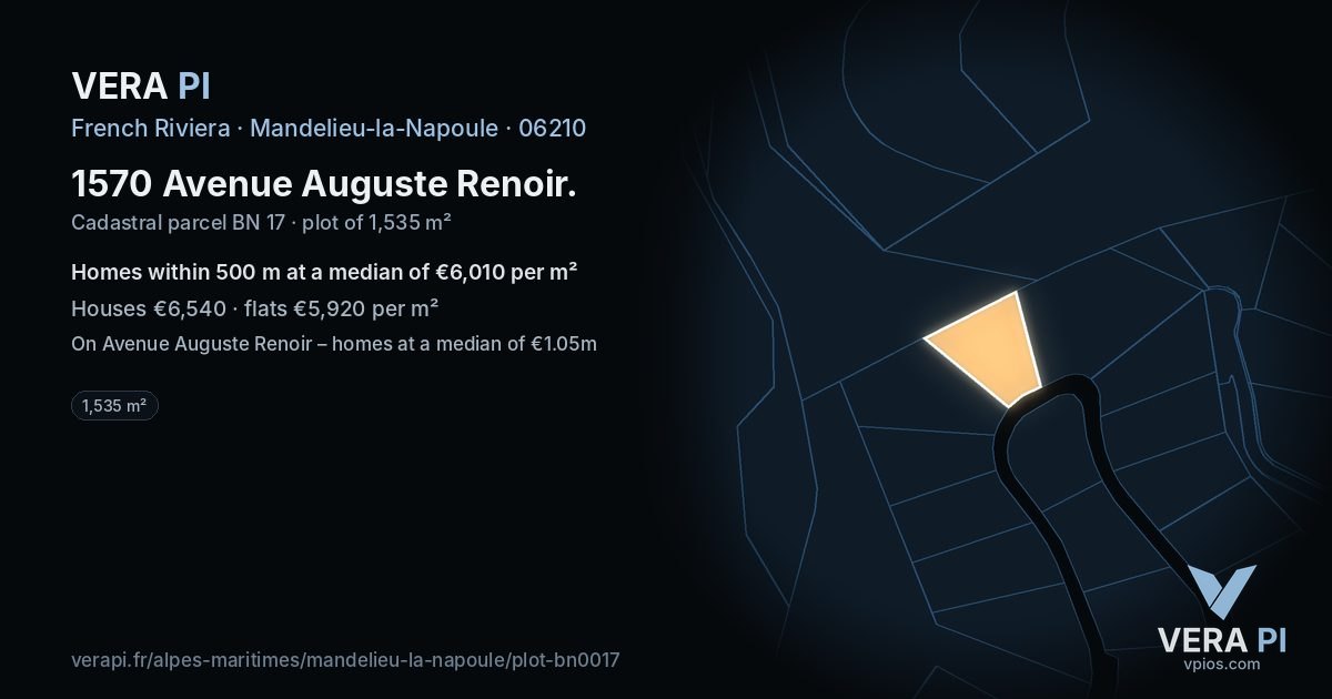 1570 Avenue Auguste Renoir, Mandelieu-la-Napoule at night – the plot lit, the parcels around coloured by the prices near them