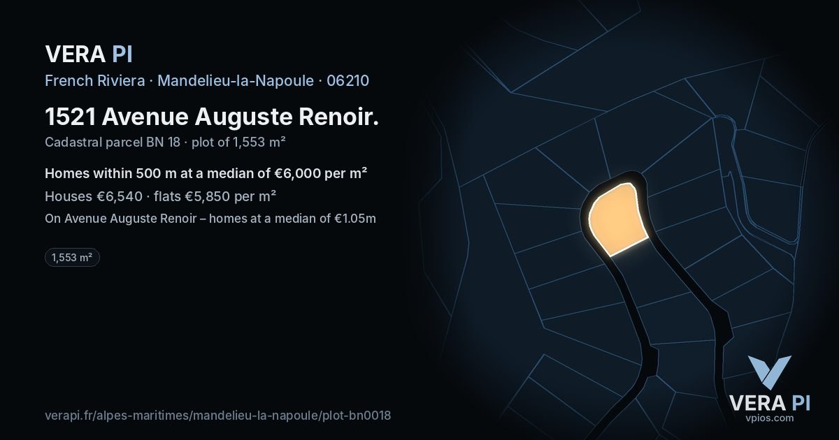 1521 Avenue Auguste Renoir, Mandelieu-la-Napoule at night – the plot lit, the parcels around coloured by the prices near them
