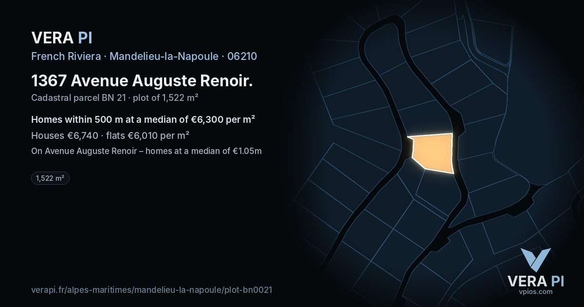 1367 Avenue Auguste Renoir, Mandelieu-la-Napoule at night – the plot lit, the parcels around coloured by the prices near them