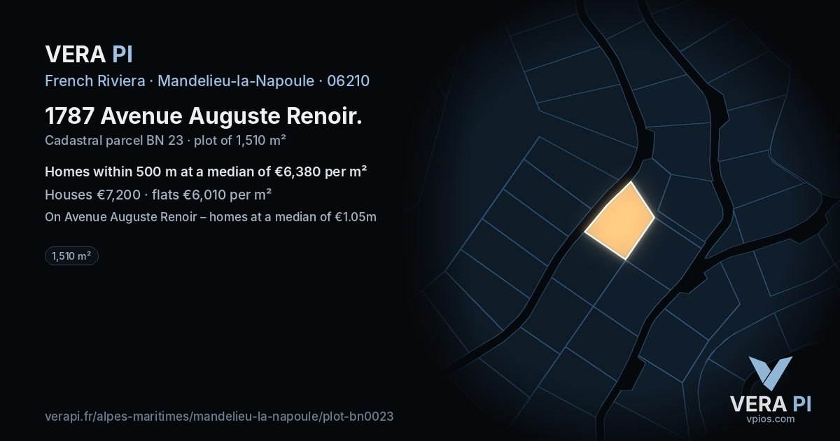 1787 Avenue Auguste Renoir, Mandelieu-la-Napoule at night – the plot lit, the parcels around coloured by the prices near them