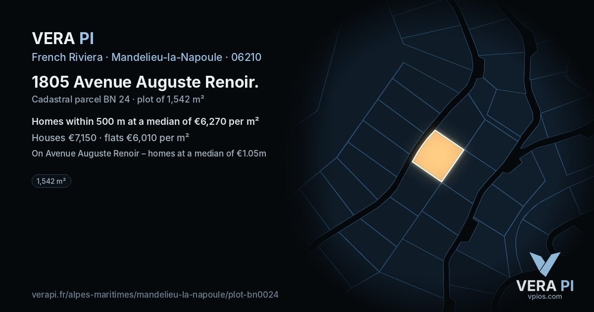 1805 Avenue Auguste Renoir, Mandelieu-la-Napoule at night – the plot lit, the parcels around coloured by the prices near them