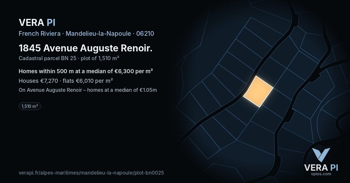 1845 Avenue Auguste Renoir, Mandelieu-la-Napoule at night – the plot lit, the parcels around coloured by the prices near them