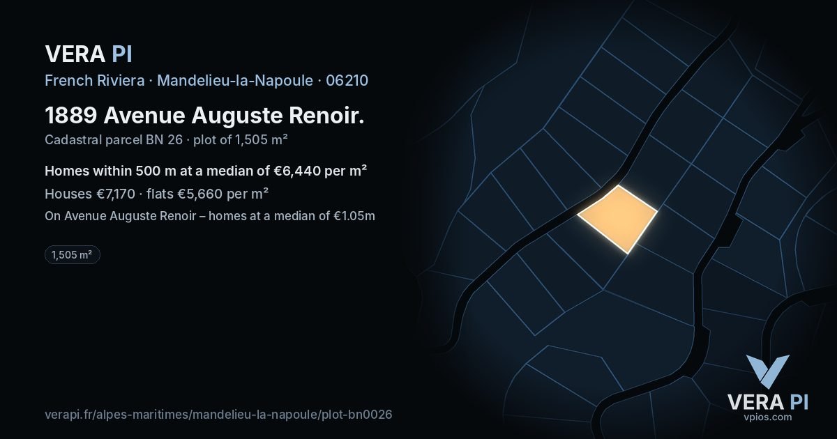 1889 Avenue Auguste Renoir, Mandelieu-la-Napoule at night – the plot lit, the parcels around coloured by the prices near them