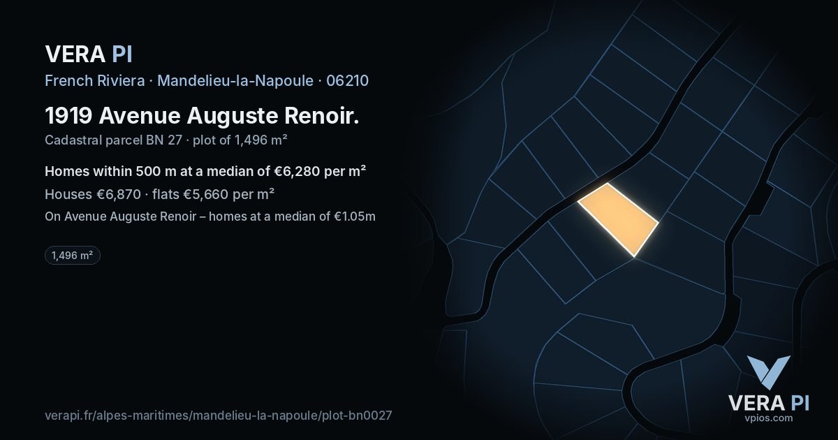 1919 Avenue Auguste Renoir, Mandelieu-la-Napoule at night – the plot lit, the parcels around coloured by the prices near them