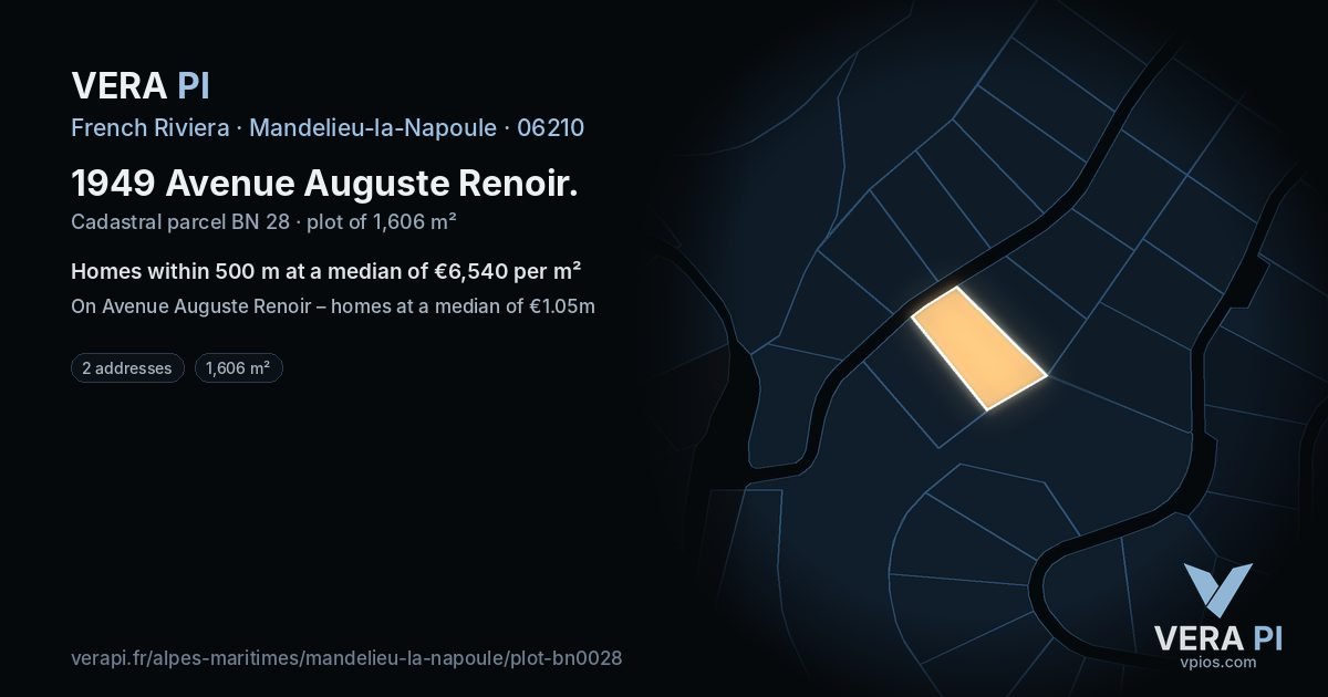 1949 Avenue Auguste Renoir, Mandelieu-la-Napoule at night – the plot lit, the parcels around coloured by the prices near them