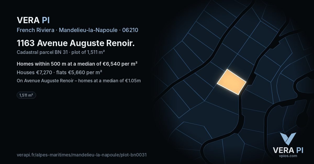1163 Avenue Auguste Renoir, Mandelieu-la-Napoule at night – the plot lit, the parcels around coloured by the prices near them