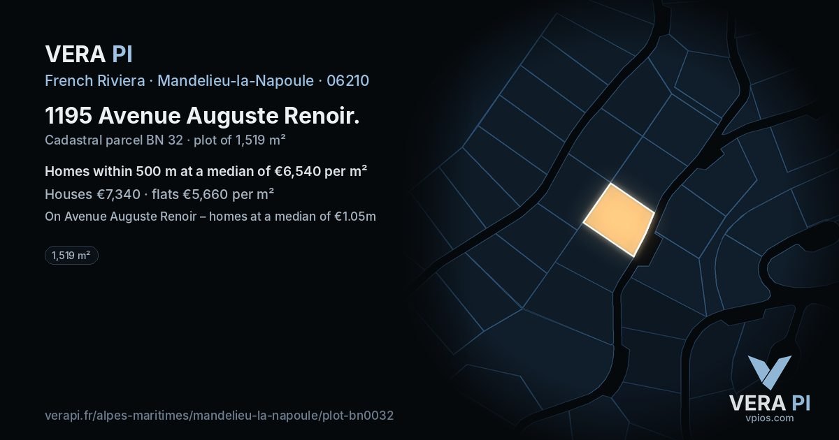 1195 Avenue Auguste Renoir, Mandelieu-la-Napoule at night – the plot lit, the parcels around coloured by the prices near them