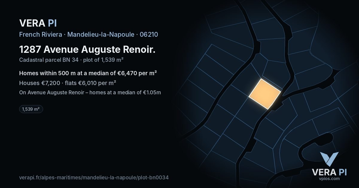 1287 Avenue Auguste Renoir, Mandelieu-la-Napoule at night – the plot lit, the parcels around coloured by the prices near them