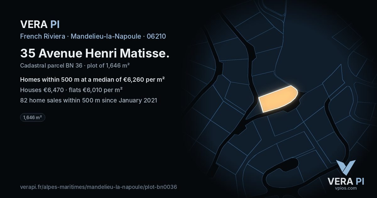 35 Avenue Henri Matisse, Mandelieu-la-Napoule at night – the plot lit, the parcels around coloured by the prices near them